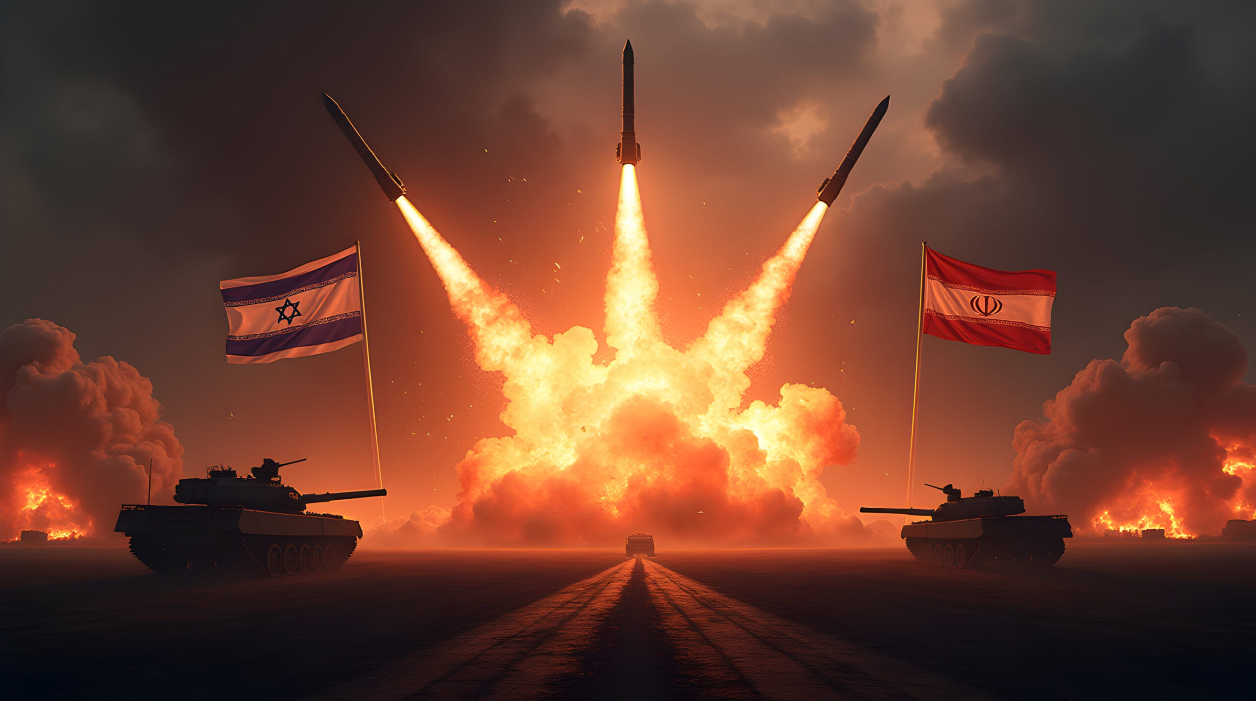 A Israel vs Iran Missile War, Nuclear Strike, Fire Explosion, Tanks, Bomb Attack, World War 3 Concept, Military Conflict, Weapons, Global Crisis, America