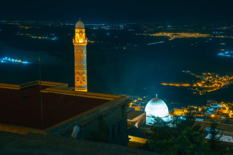 Great mosque of Mardin at night. Visit Mardin concept photo.