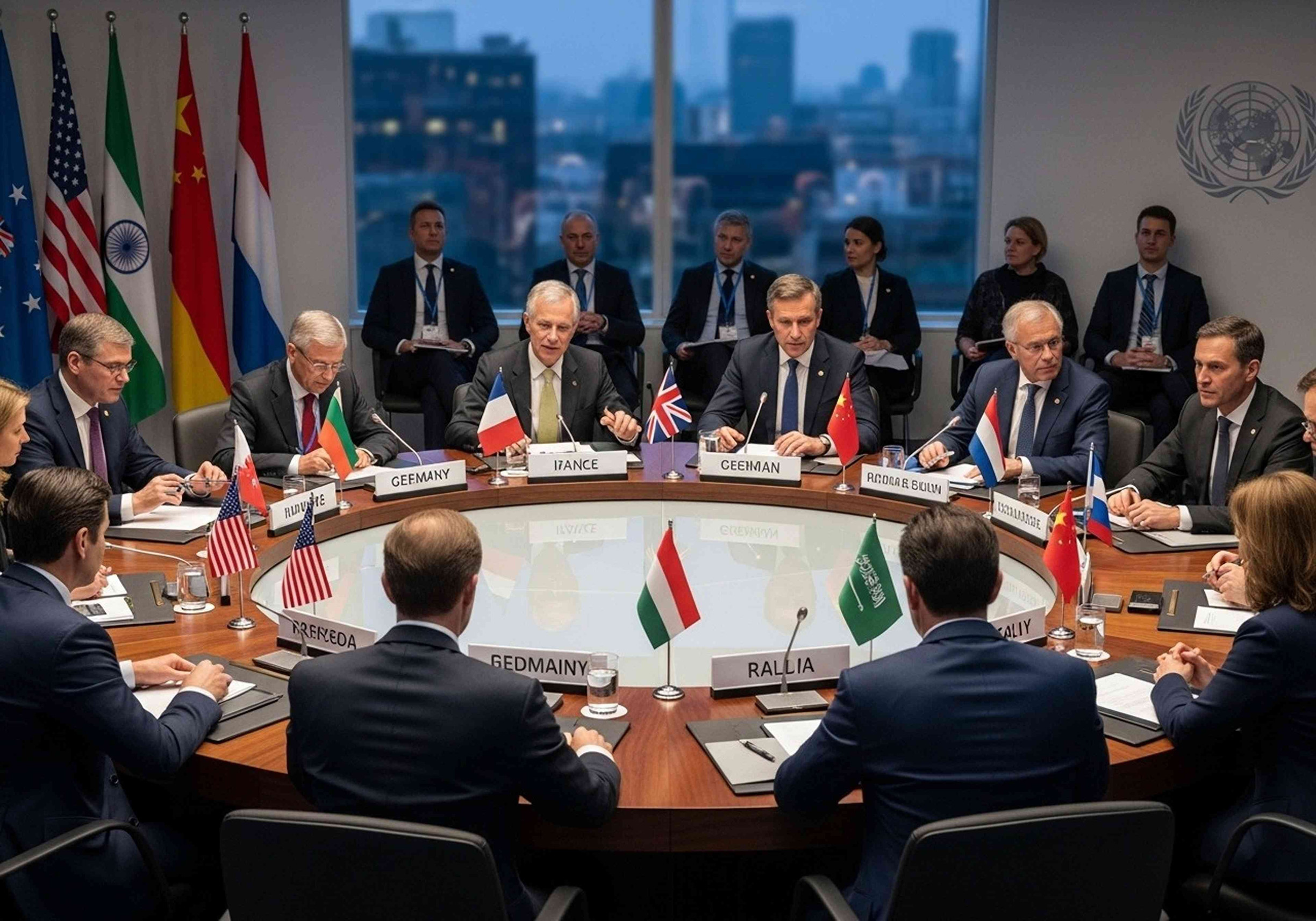 A group of international leaders and dignitaries gathered around a large circular table for a high-level meeting or conference