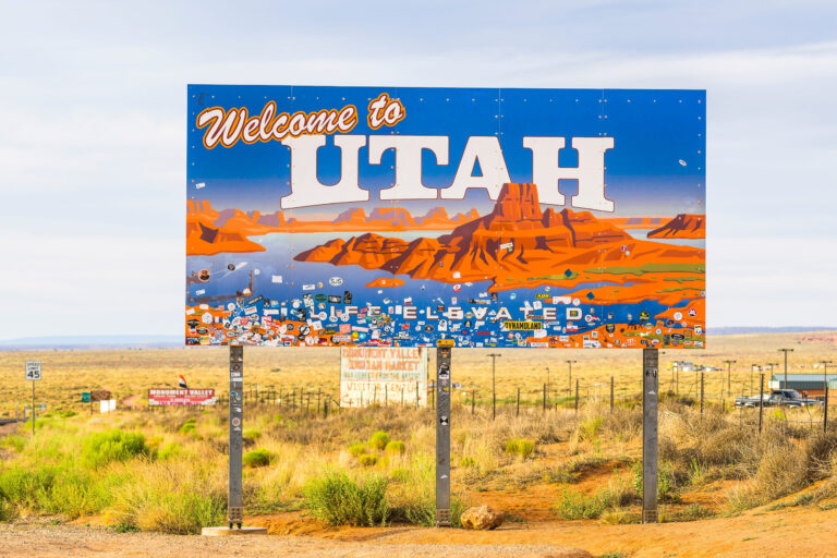 welcome to Utah sign with mountain background on the day. for editorial 07/09/16