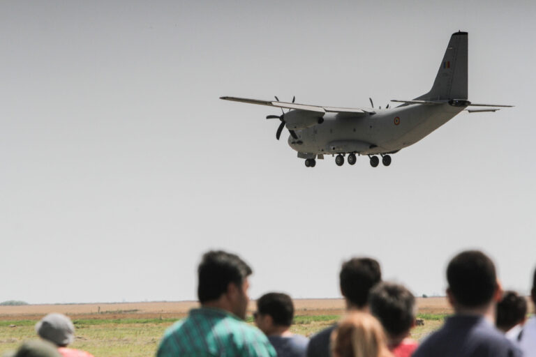 BUZAU, ROMANIA, June 18, 2016: Alenia C-27J Spartan airplane in the BOBAS air show, on the Boboc aerodrome in Buzau.