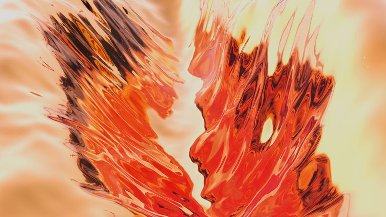 Dynamic abstract artwork featuring fiery colors and fluid motion, resembling flames and movement.