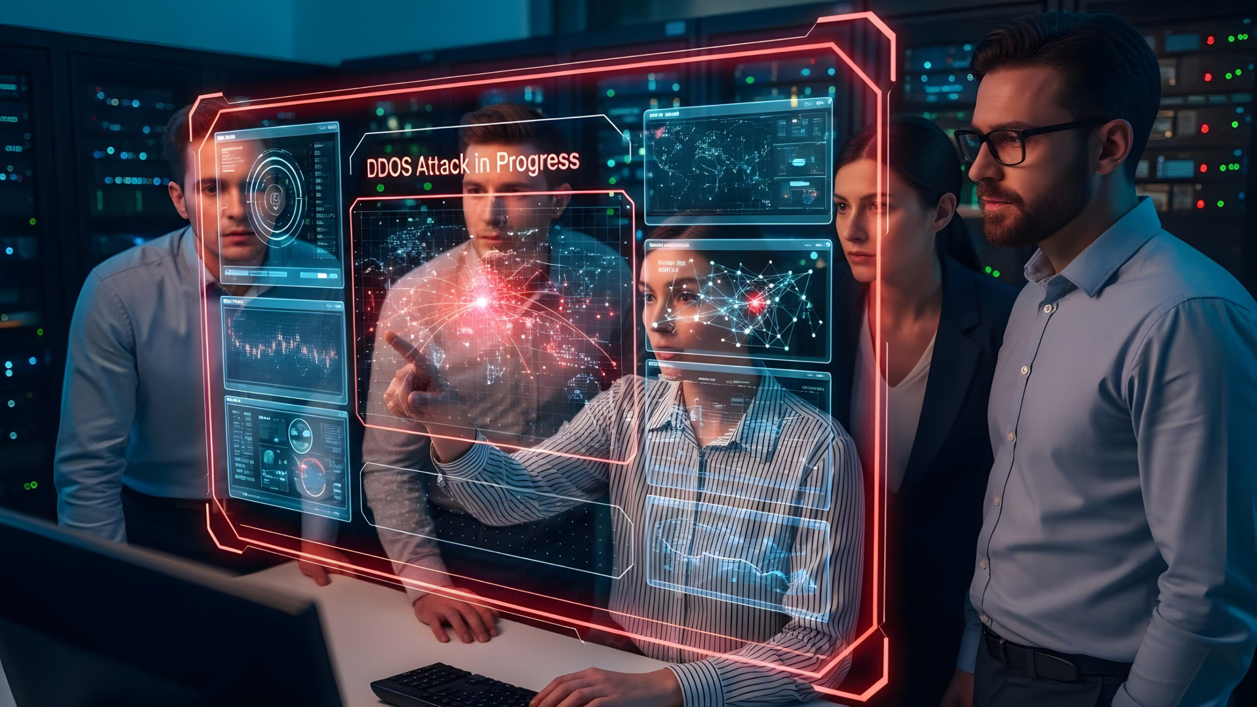Team of professionals observing a holographic interface displaying a DDoS attack in progress.