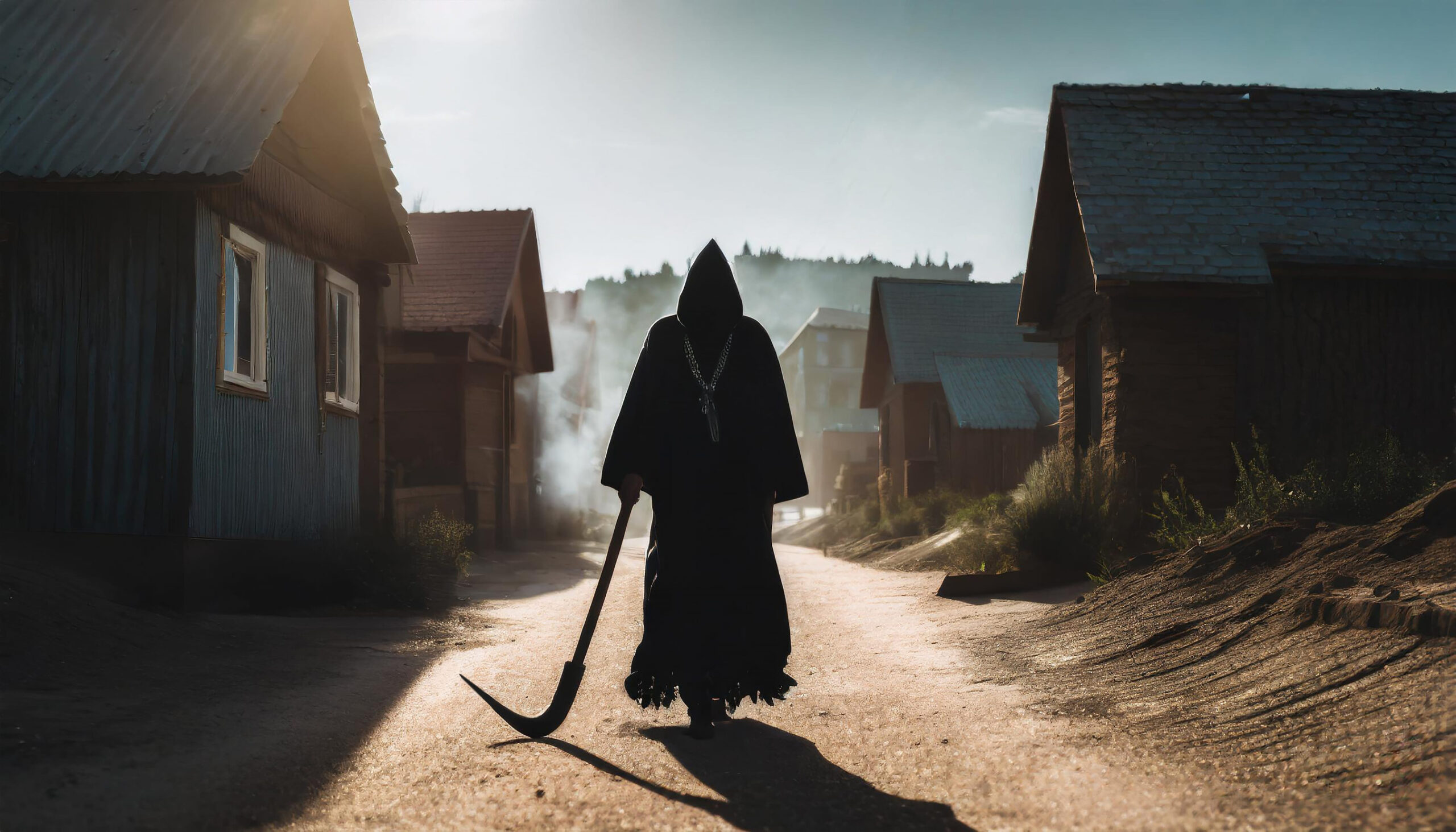 Death with scythe in long black habit and hood walk the main street in middle of village, AI generated image