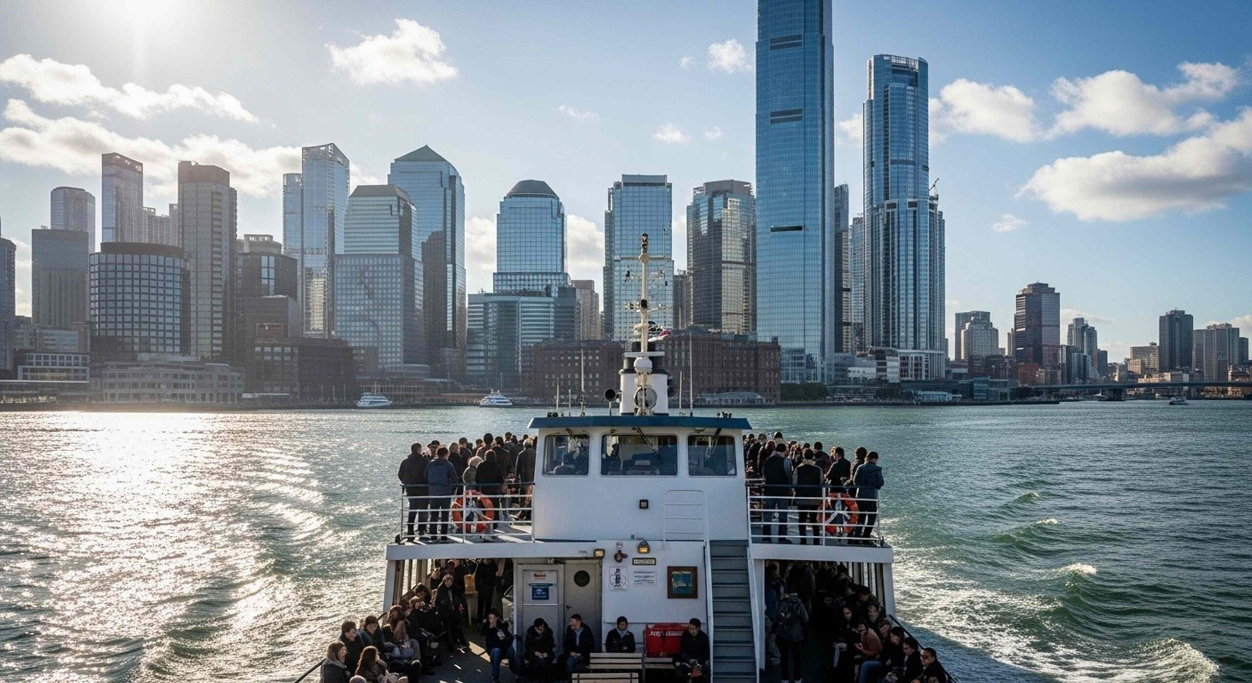 View of the Manhattan skyline from a ferry.
