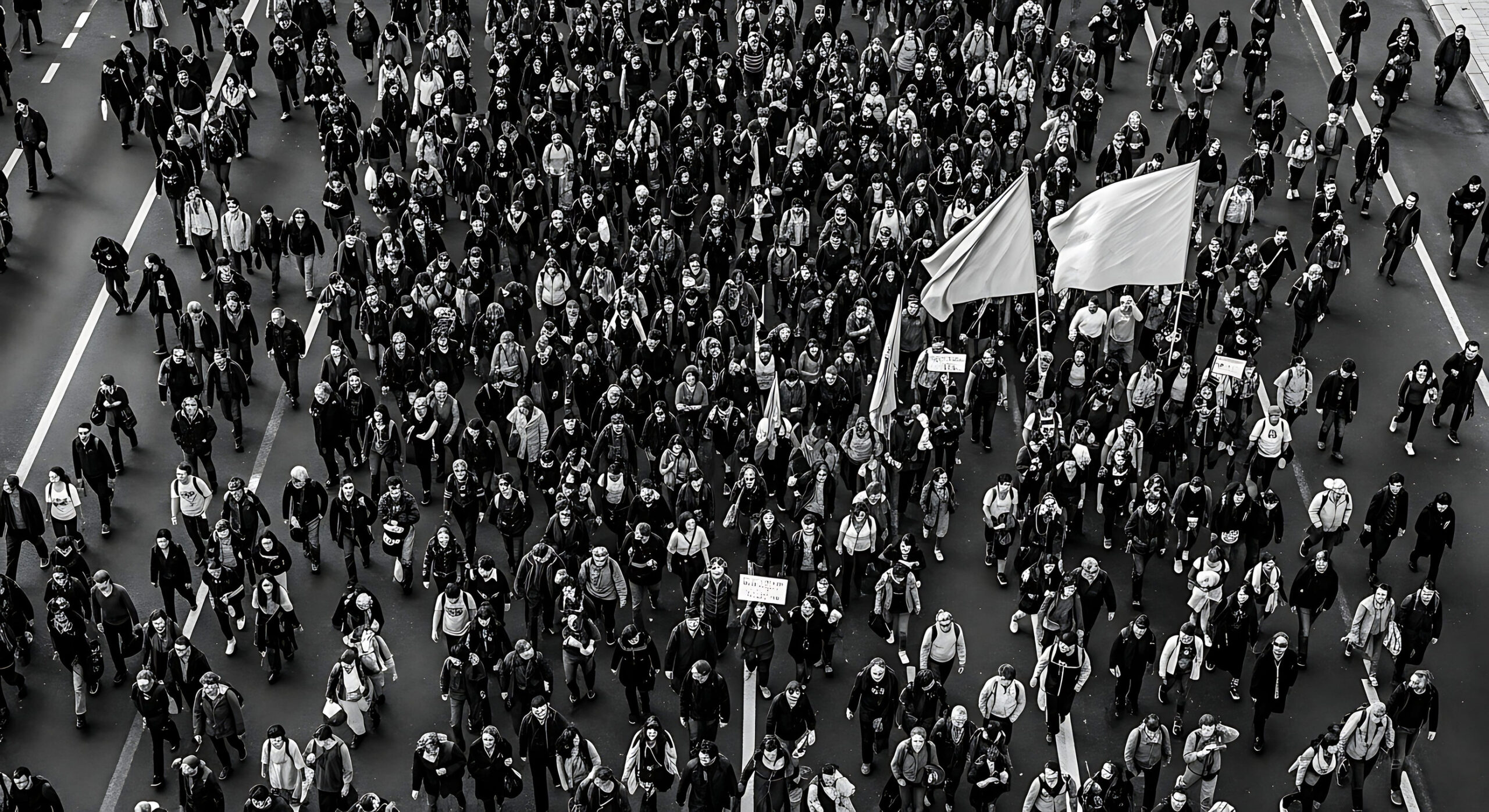 A massive gathering of people, many holding flags and banners, creating a sense of unity and excitement.