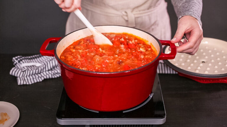 Step by step. Cooking turkey chili in enameled cast iron covered dutch oven.