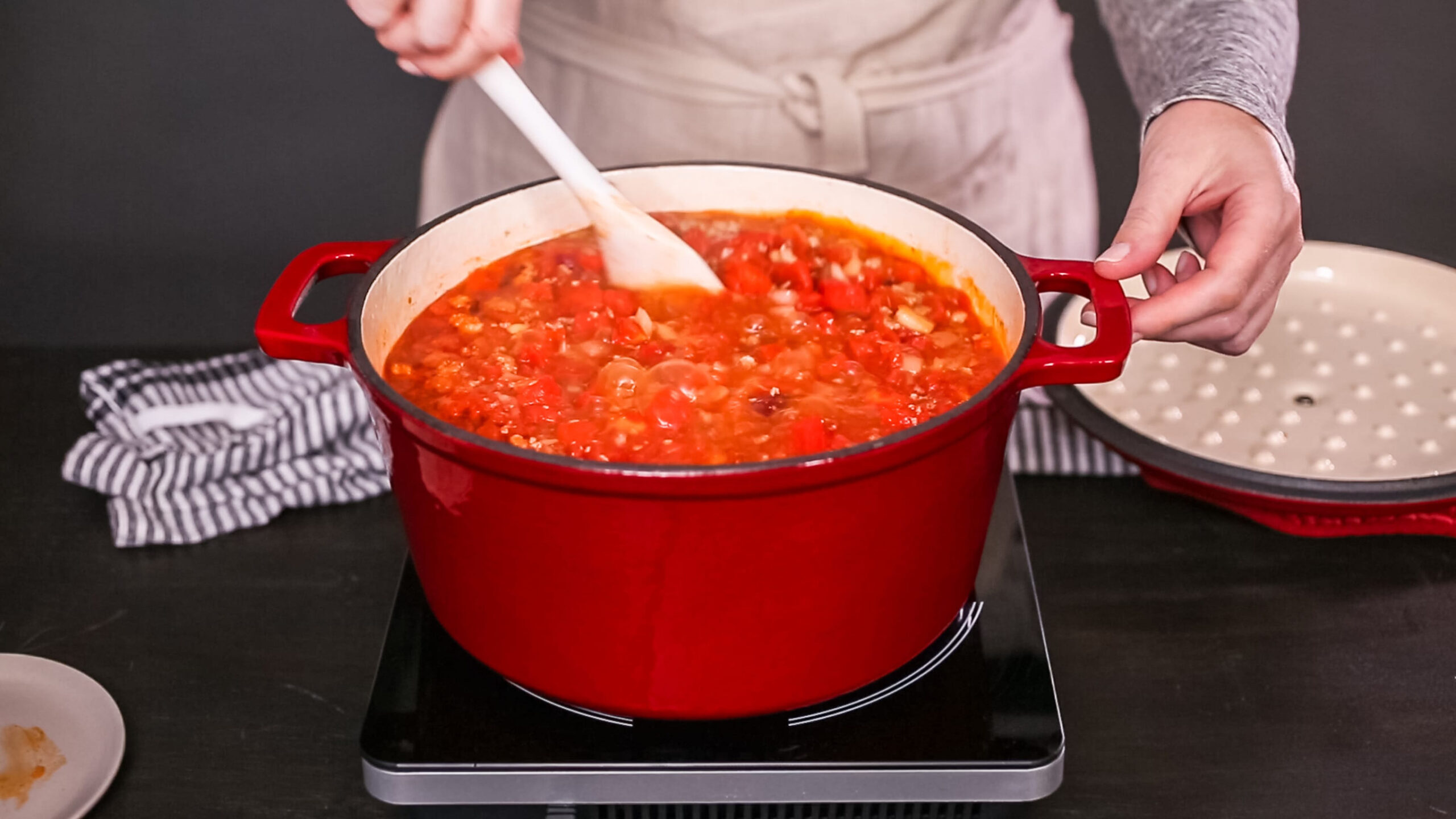 Step by step. Cooking turkey chili in enameled cast iron covered dutch oven.