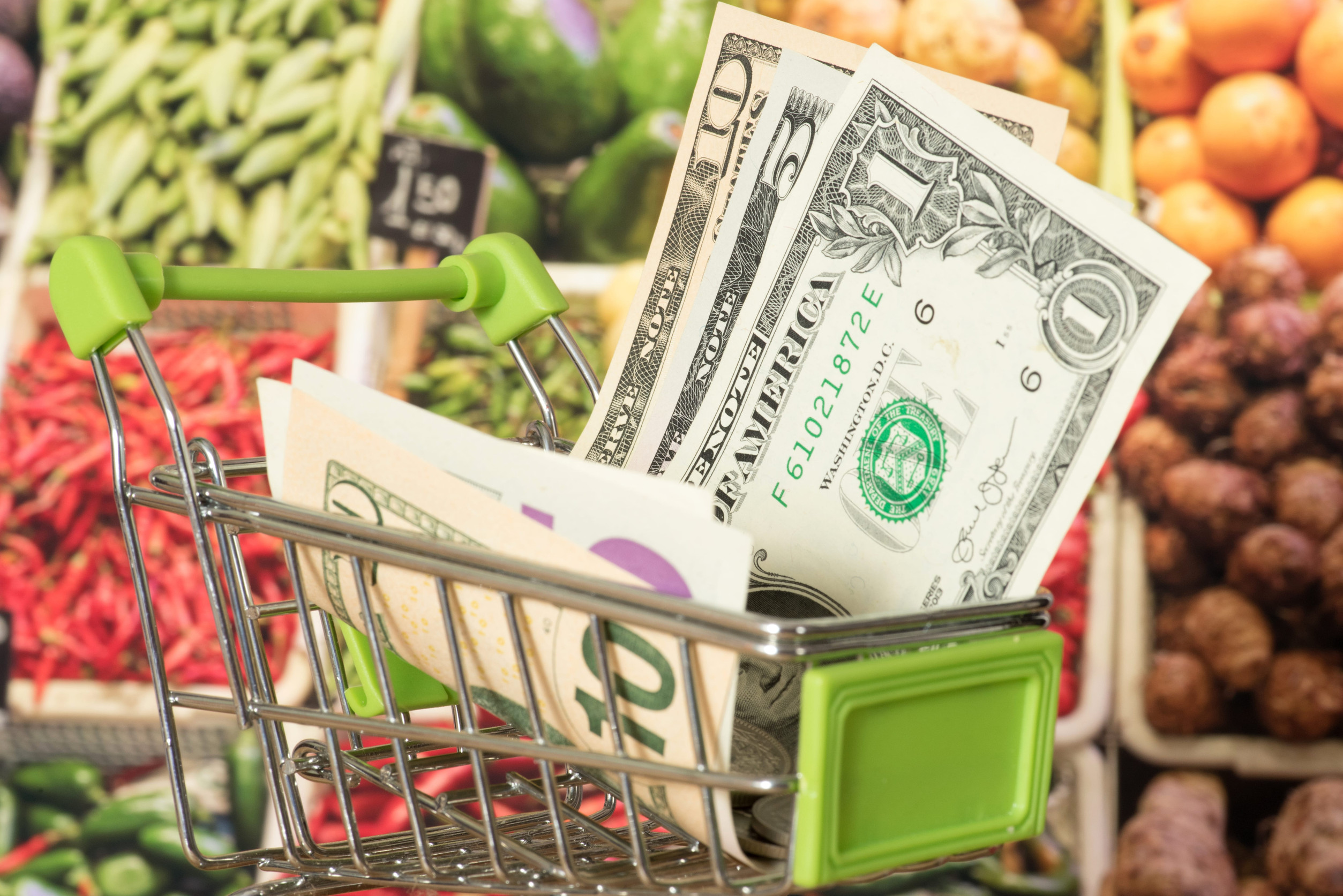 Shopping cart, dollar voucher and food