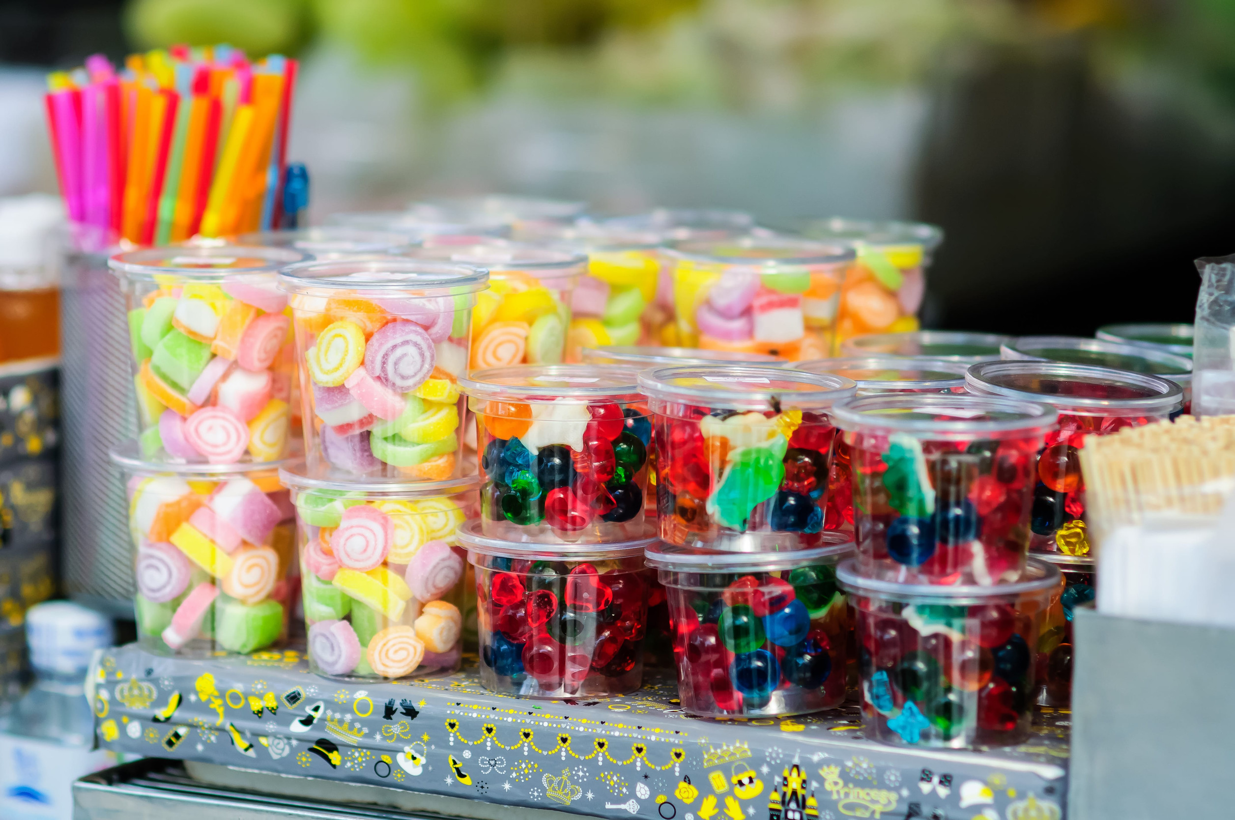Colorful jellys candy mixed fruit flavoured in plastic box