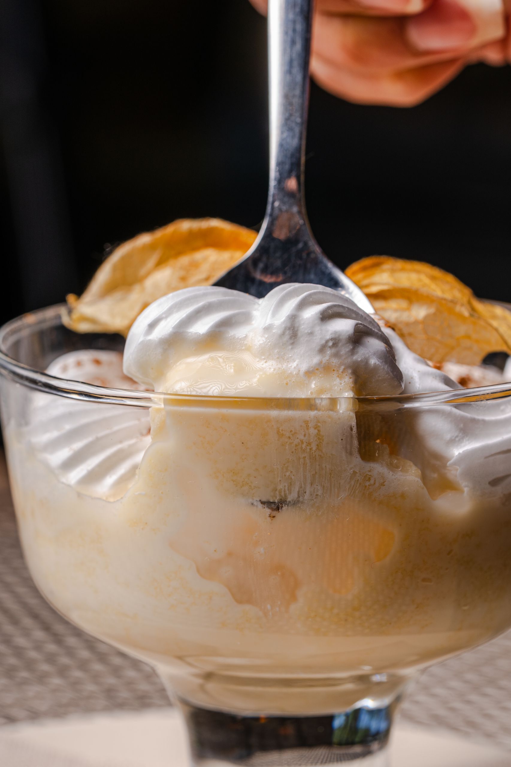Close-up of creamy vanilla ice cream with whipped topping in a glass bowl.