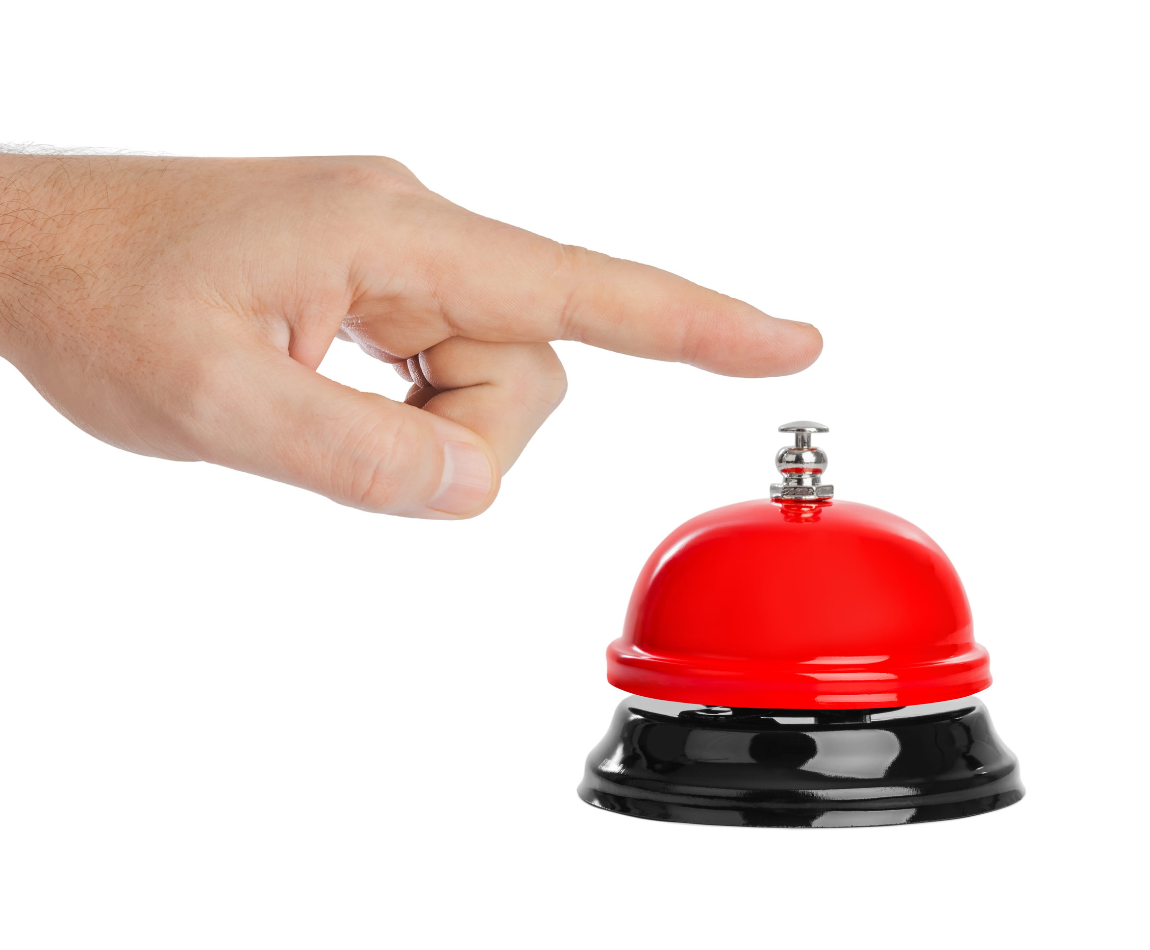 Hand and service ring bell isolated on white background