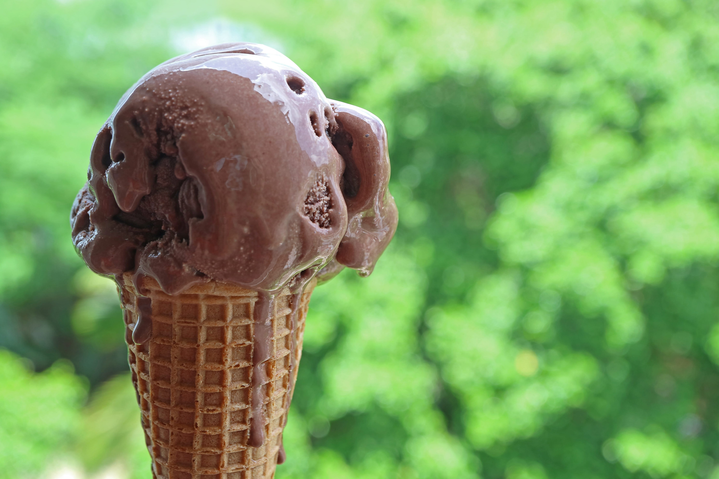 Melting Chocolate Ice Cream in Cone Against Blurry Green Garden with Copy Space