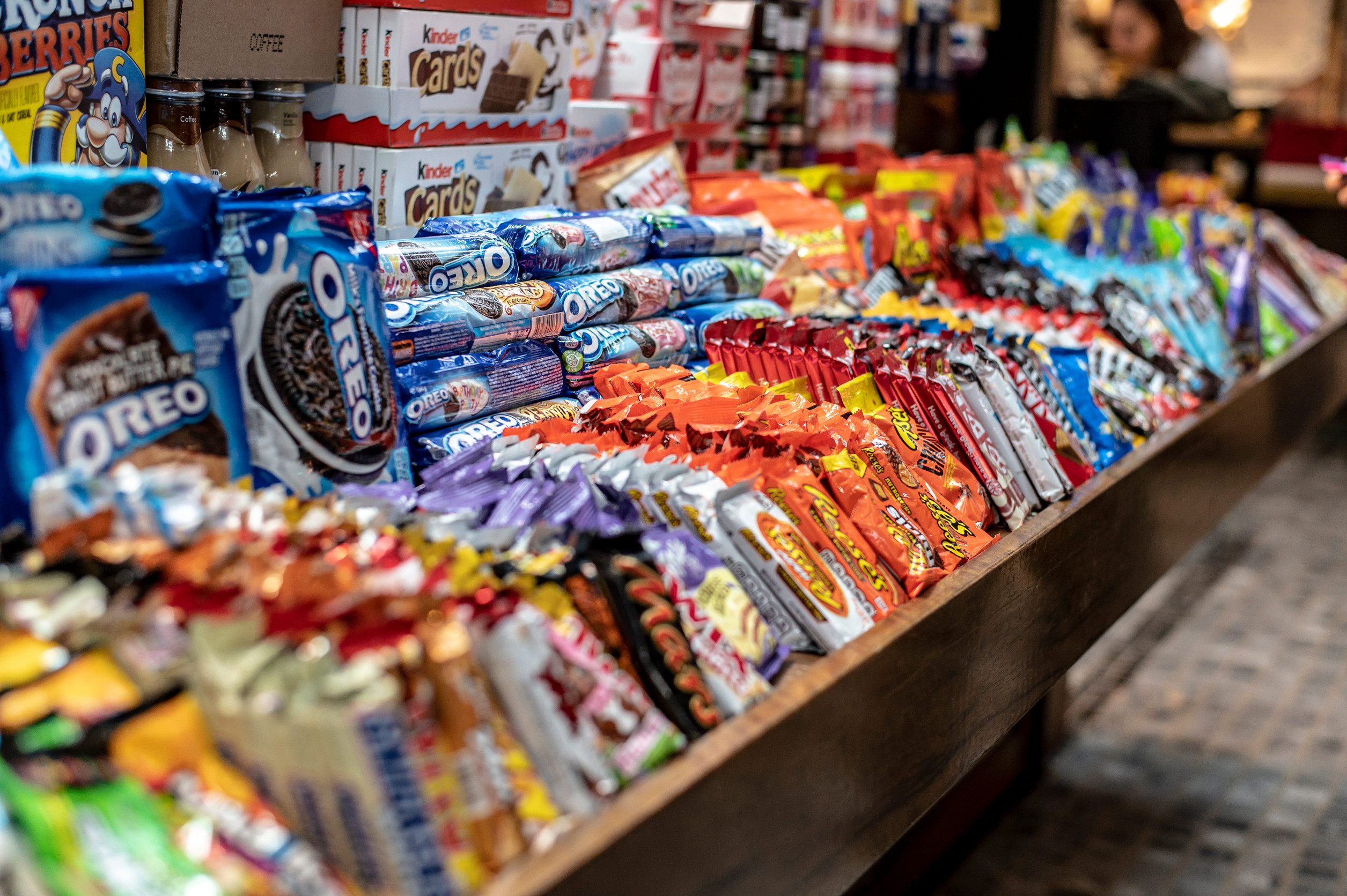Israel. Rome. 10 10 2019. A counter with sweets, chocolates and cookies of famous brands in colorful packages