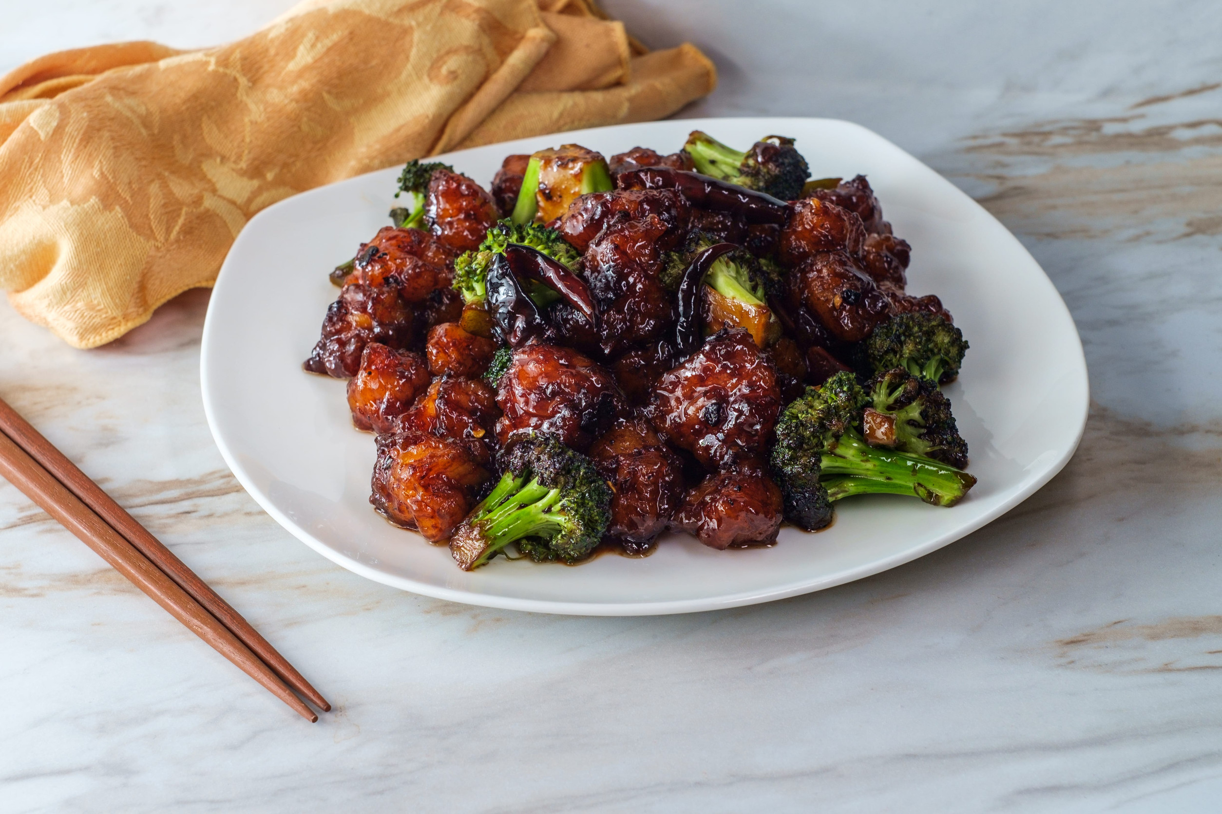 Hot and spicy General Tso's Shrimp chinese food takeout