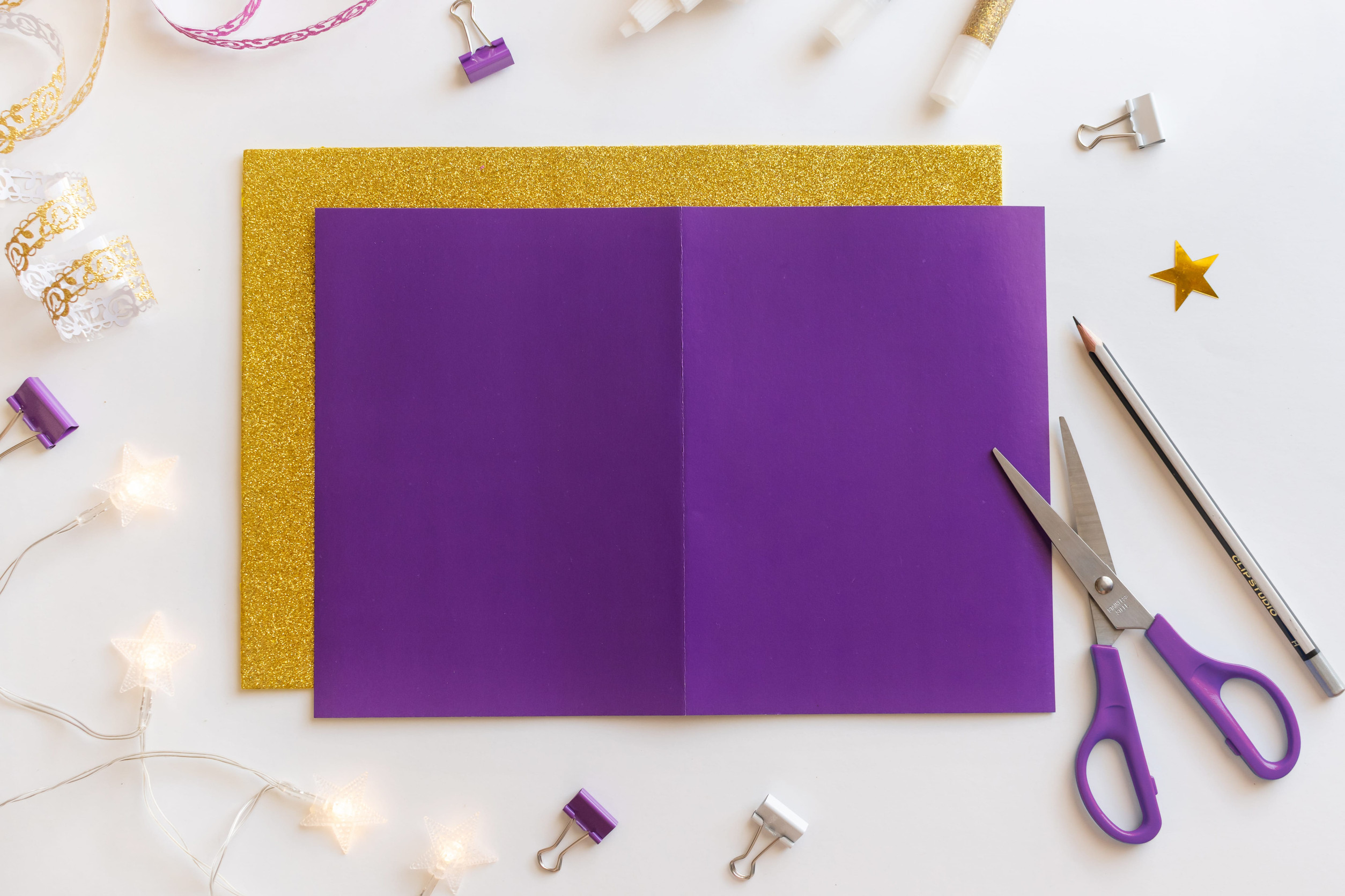 1 Diy Ramadan kareem card with golden crescent moon and a star. Gift idea, decor Ramadan kareem. Step by step. Top view. Process kid children craft. Workshop.