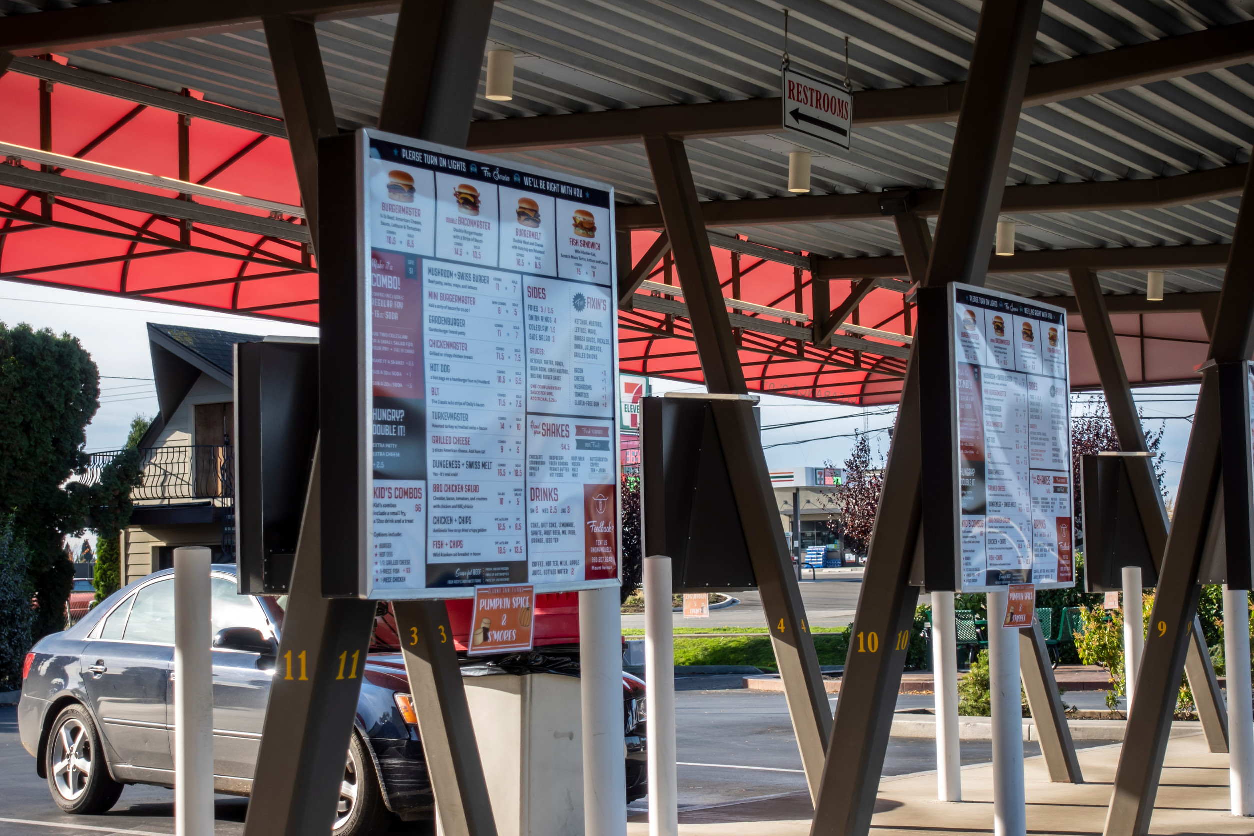 Bellevue, WA USA - circa November 2021: Angled view of a Burgermaster fast food drive in on a bright, sunny day.