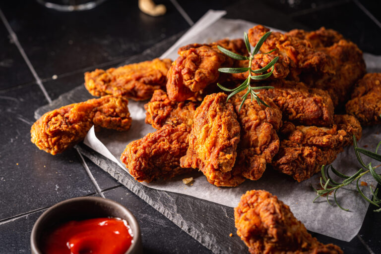 A tantalizing spread of golden, crispy fried chicken wings, artfully arranged with fresh rosemary and a side of tangy ketchup, perfect for satisfying cravings during a gathering with friends or family. Image Credit: roxiller/ 123RF
