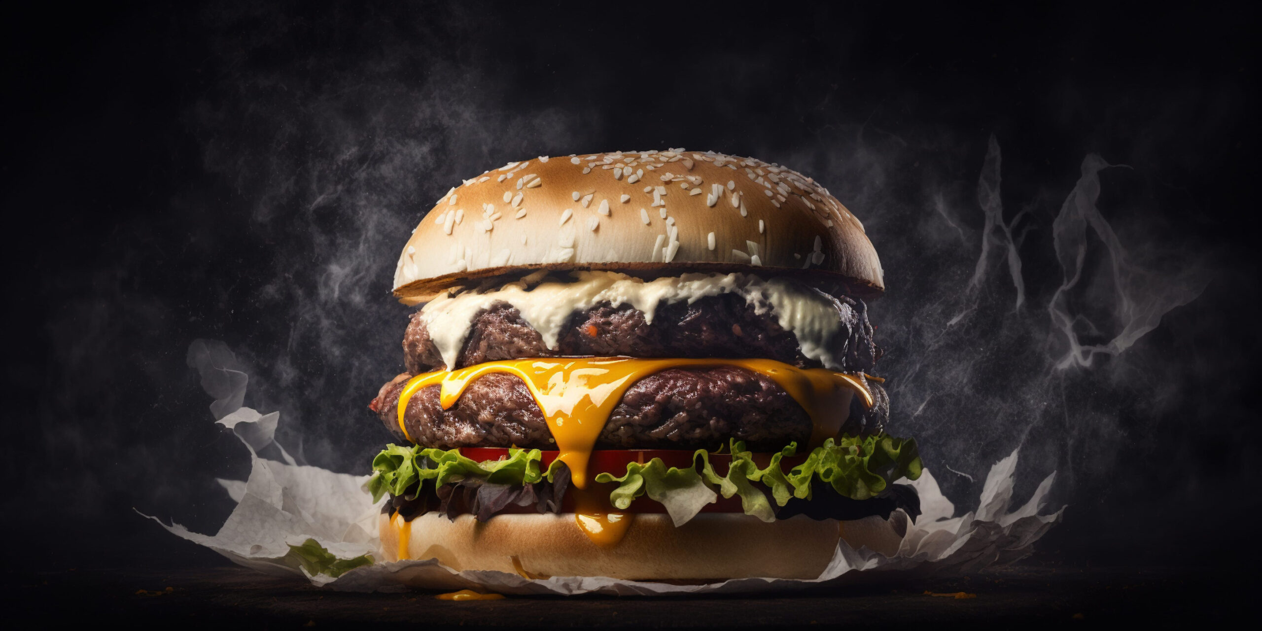 Big tasty appetizing cheeseburger on dark background with smoke.