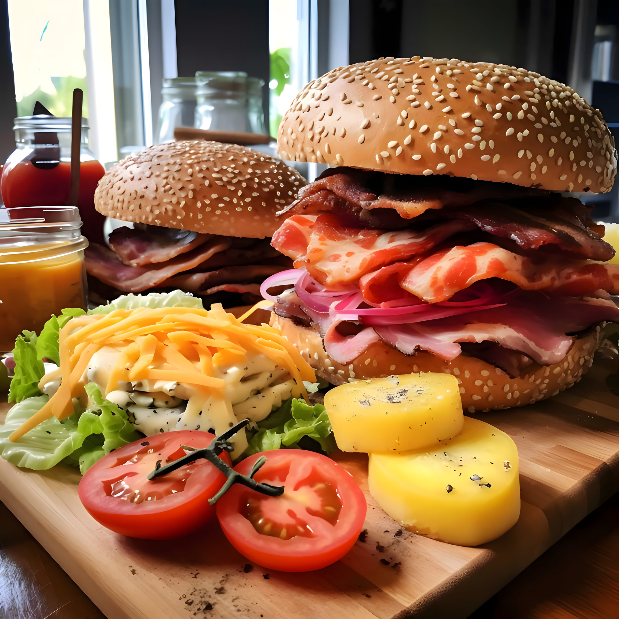 Hamburger, cheeseburger, chicken burger, burger with lettuce, cheese, bacon, pickle, tomato, sauce, onion. Wooden board, vegetables, richly decorated. Tasty.