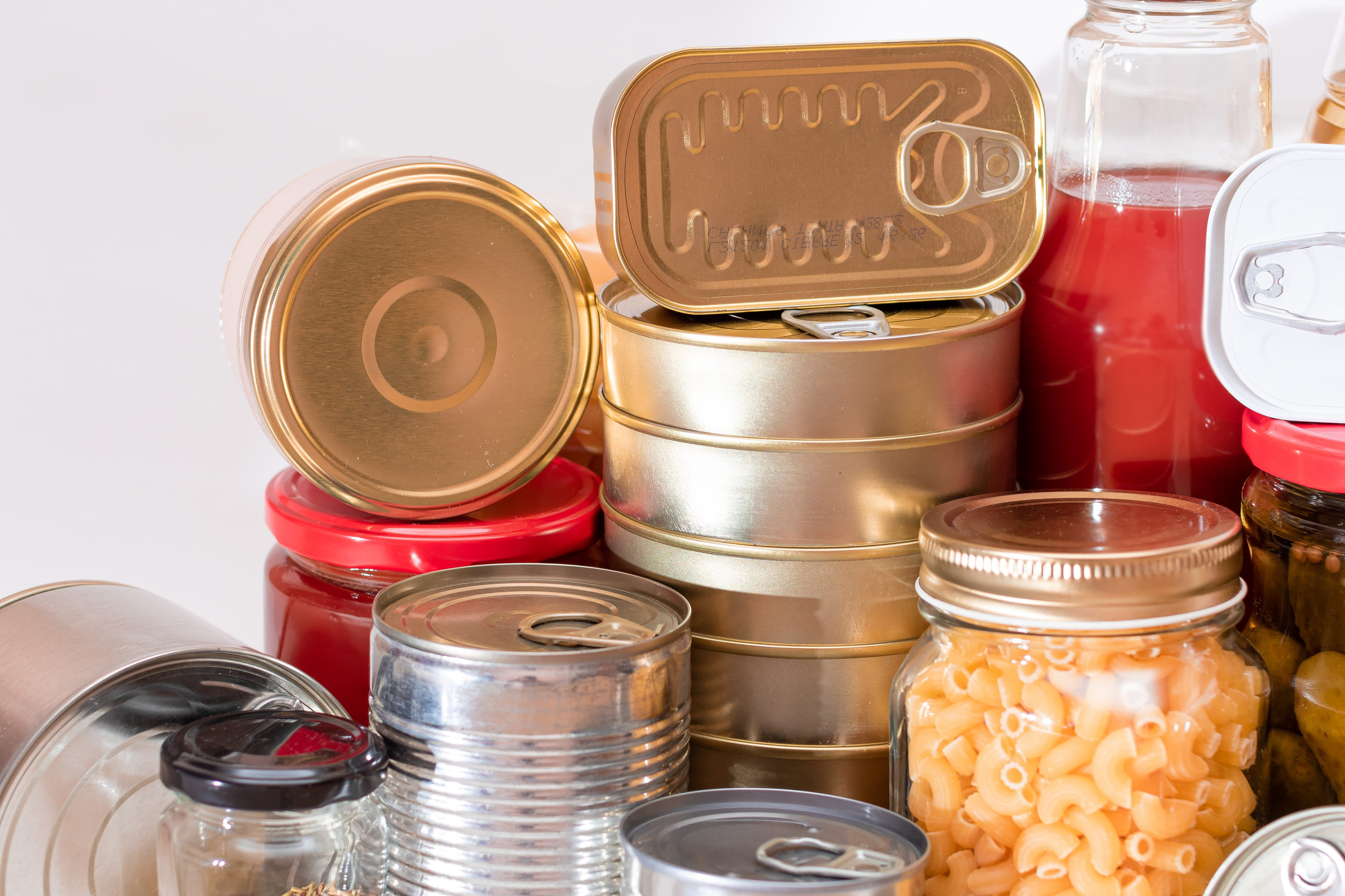 Food Reserves: Canned Food, Spaghetti, Pate, Tuna, Tomato Juice, Pasta, Fish and Grocery. Emergency Food Storage in Case of Crisis. Strategic Food Supplies