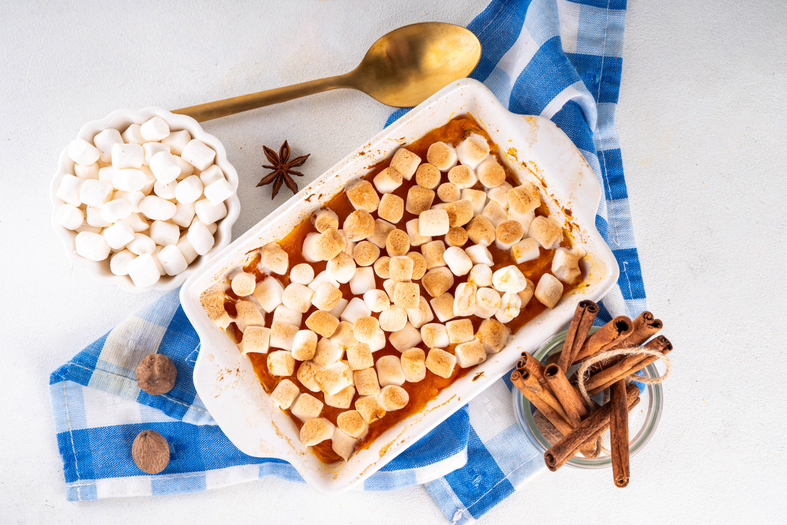 Delicious autumn sweet potato or pumpkin casserole with toasted marshmallow topping. Thanksgiving, fall season comfort food