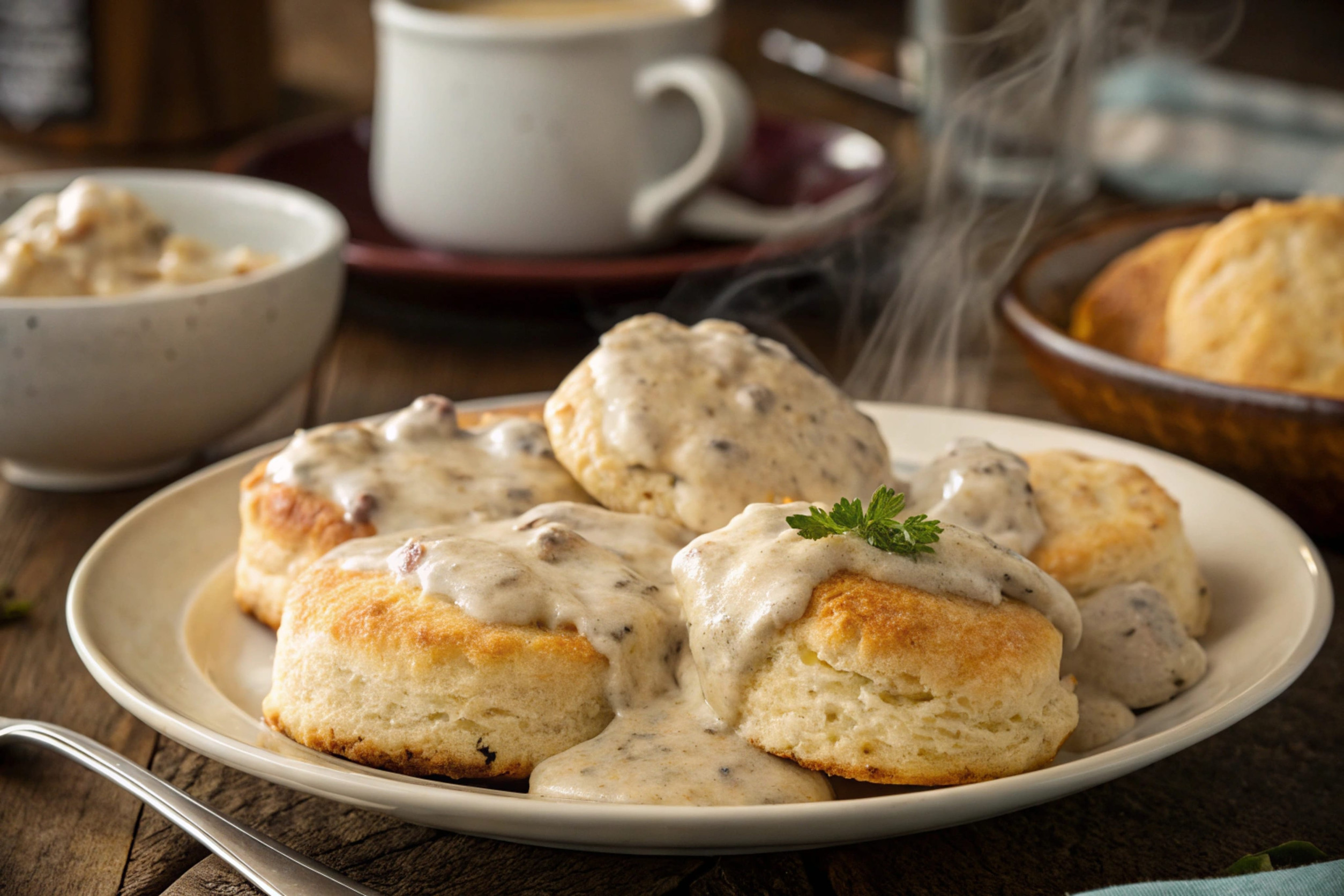 Scones with mushroom sauce on a rustic wooden table.