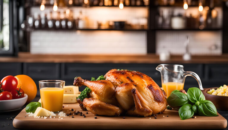 A roasted chicken lays on a wooden cutting board with a plate of orange juice, basil, cheese, and pepper. It is a delicious meal, perfect for a family dinner or a special occasion. Image Credit: themess/ 123RF