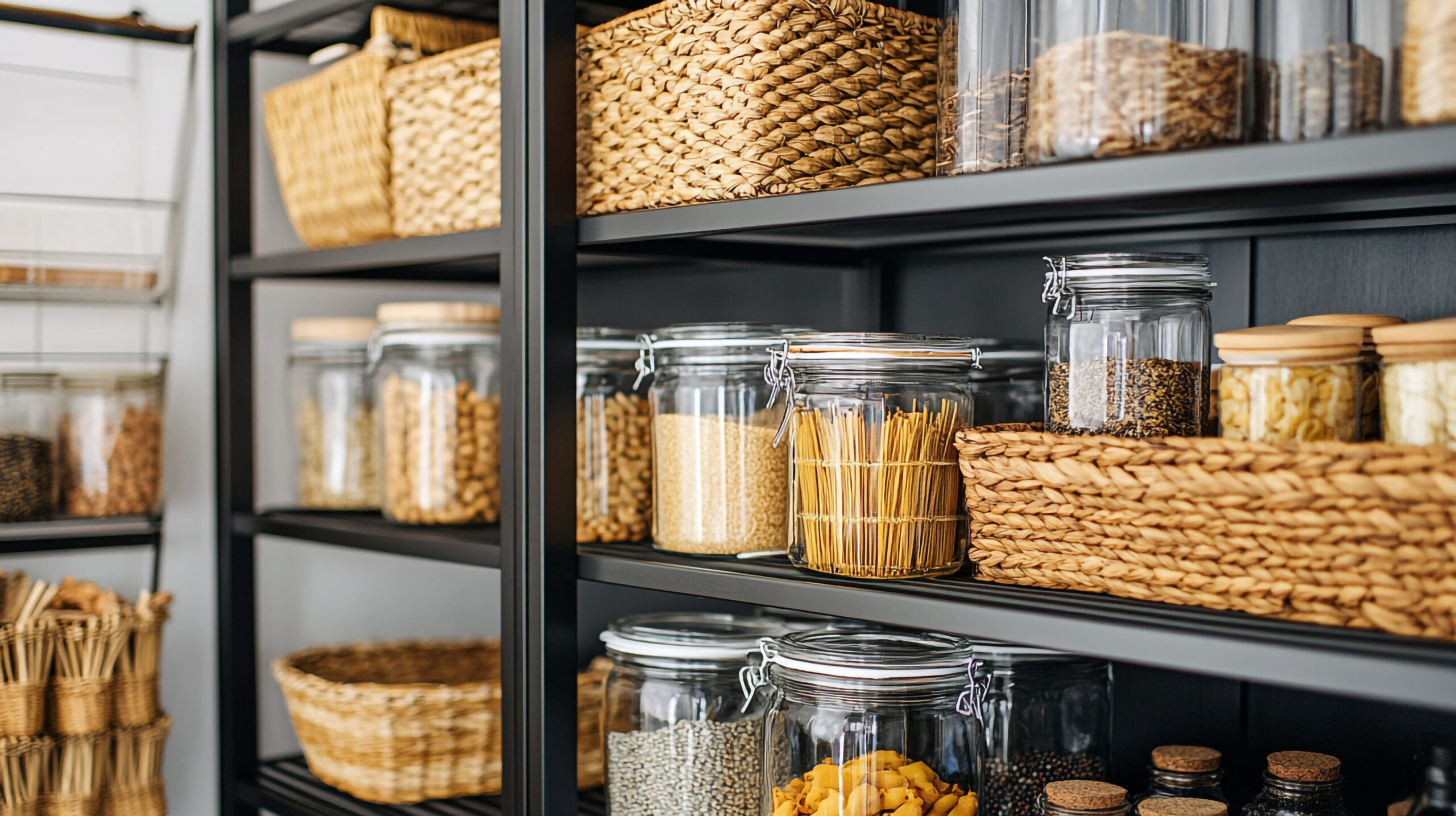 selective focus of glass jars with different grains on shelf in kitchen