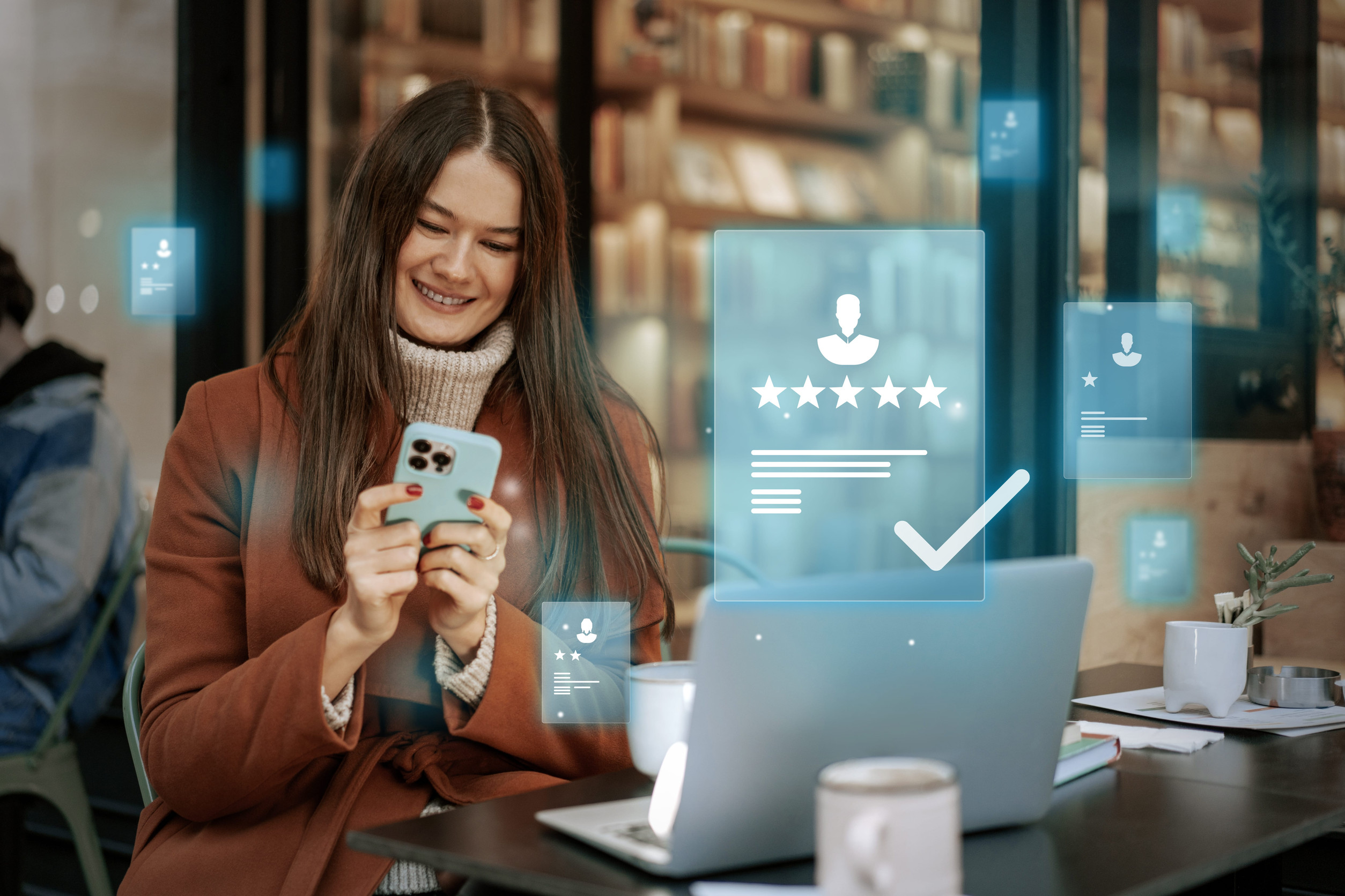 Young woman using smartphone while reviewing services in a cozy cafe with digital rating overlays