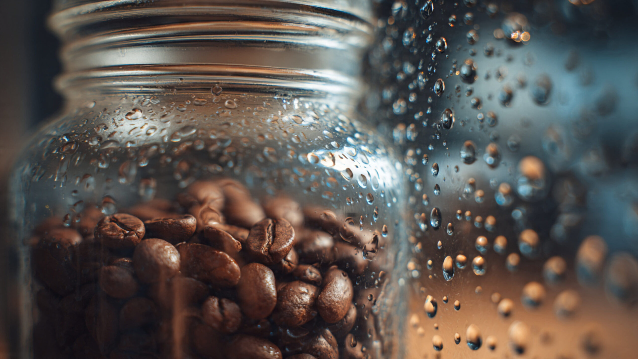 Coffee beans in a glass jar with water drops on the background