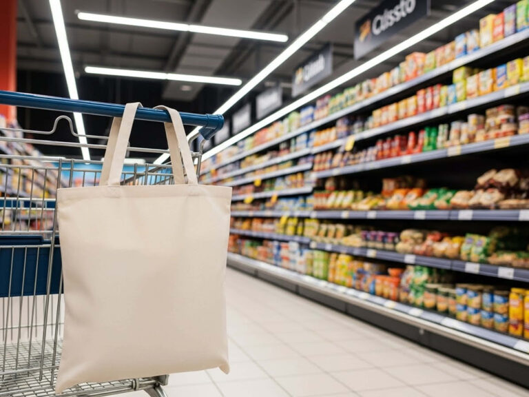 Shopping cart with paper bag in supermarket. Blurred background.