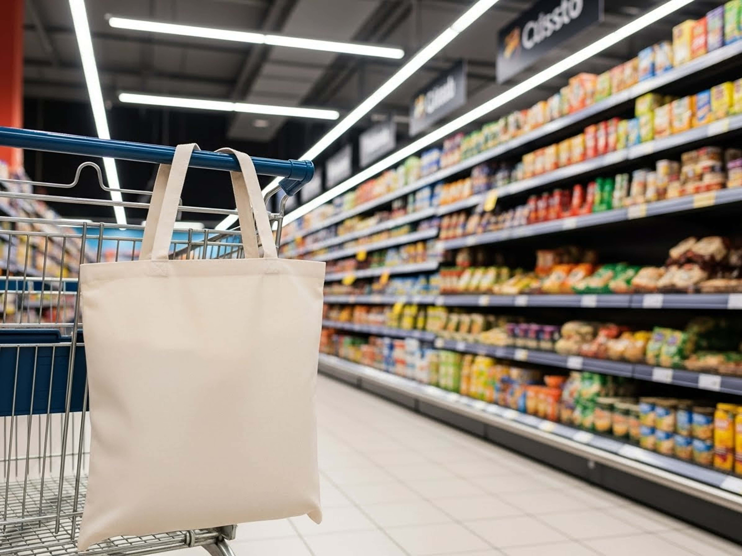 Shopping cart with paper bag in supermarket. Blurred background.