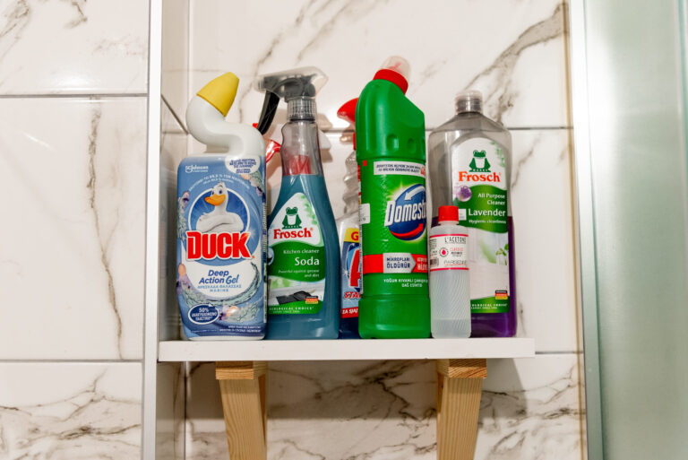Bar, Montenegro, 12 August 2025, Bottles with household cleaning products on the shelf