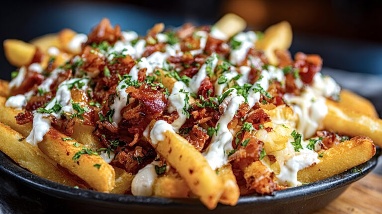 Golden crispy french fries piled high, generously topped with savory bacon bits, creamy ranch dressing, and fresh chopped parsley, creating a popular appetizer or comfort food. Image Credit: appolegi/ 123RF