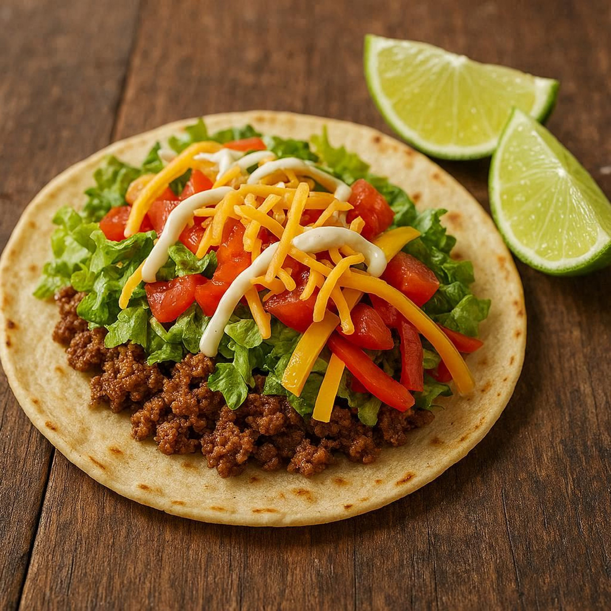 Mexican tacos with beef and vegetables on wooden table, closeup