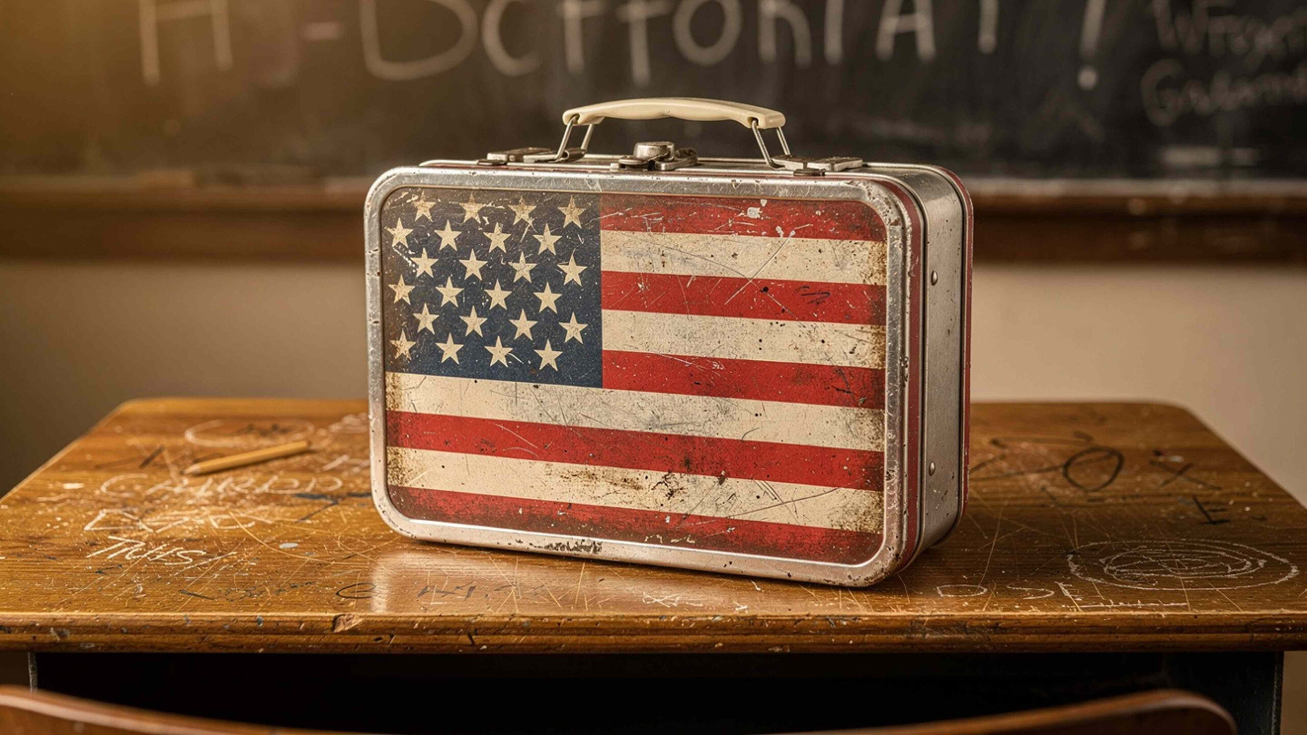 American flag on a vintage suitcase in a classroom. Travel and tourism concept