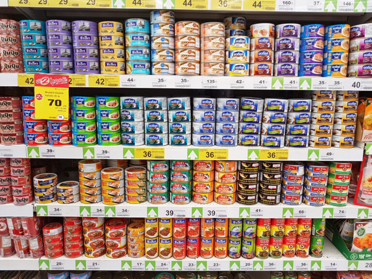 CHIANG RAI, THAILAND - FEBRUARY 6: various brand of canned fish in packaging for sale on supermarket stand or shelf on February 6, 2017 in Chiang rai, Thailand.