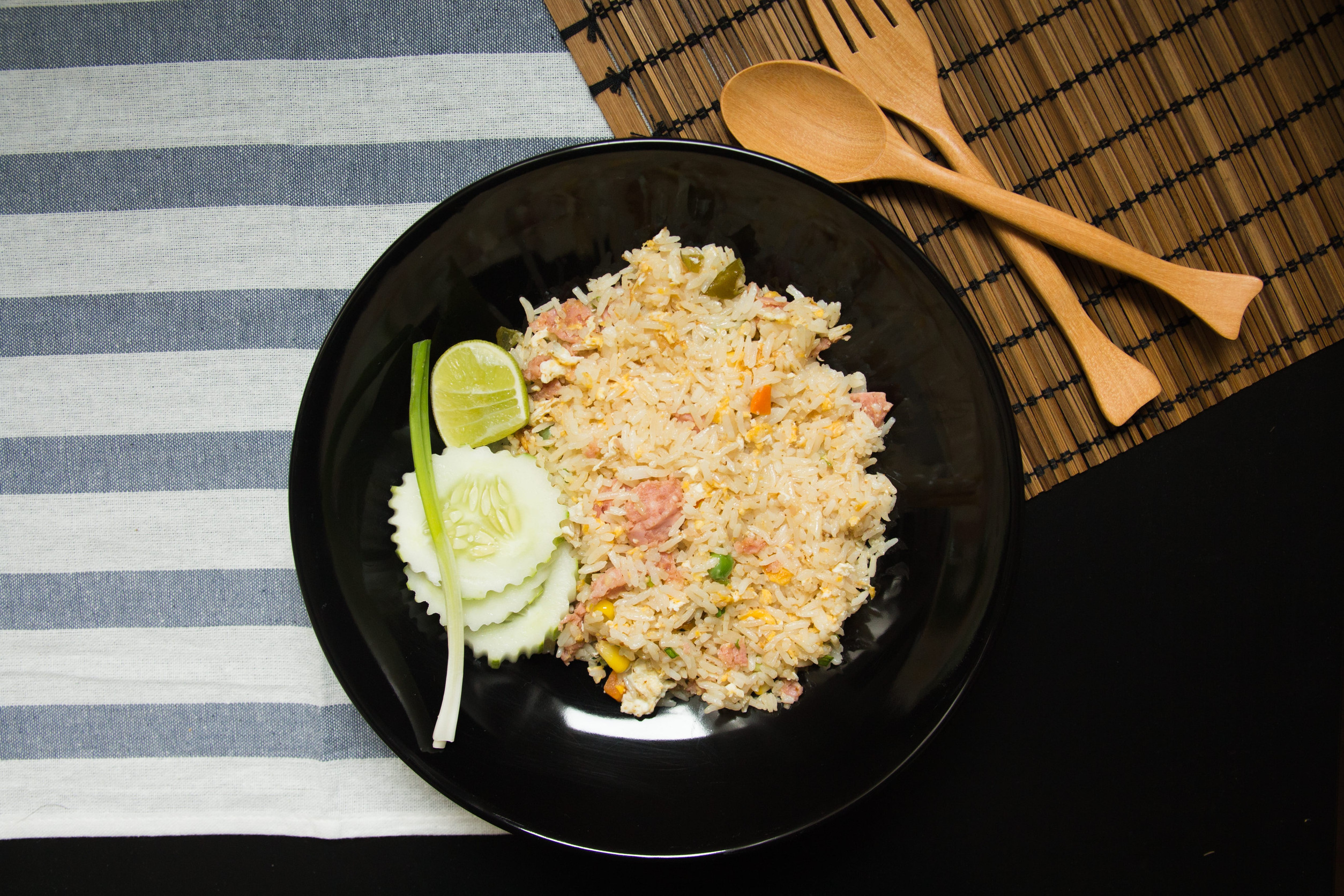Pork fried rice with cucumber and onion