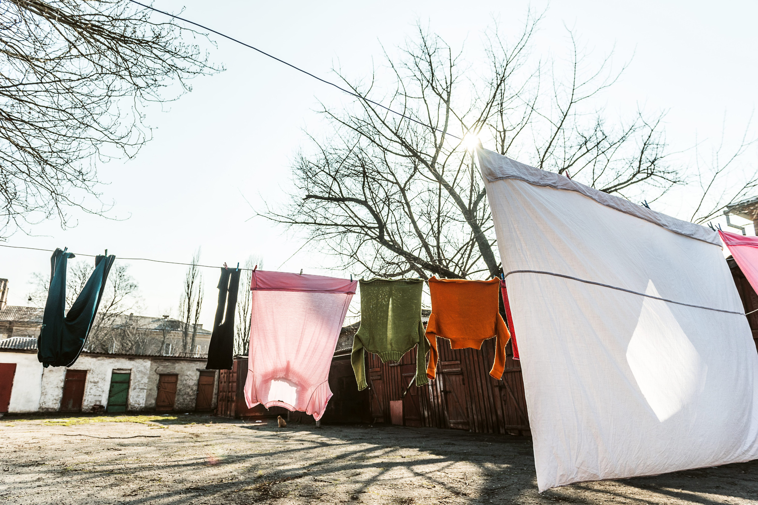laundry is dried on a rope in a poor quarter