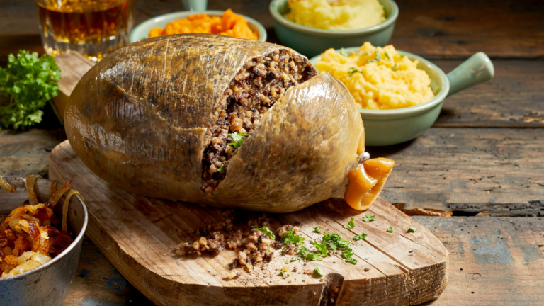 A traditional Scottish feast takes center stage, featuring a beautifully presented haggis, surrounded by a variety of comforting sides. The rustic wooden table offers an inviting atmosphere, perfect for sharing stories and toasting to good health with a glass of whisky. Image Credit: foodandmore/ 123RF