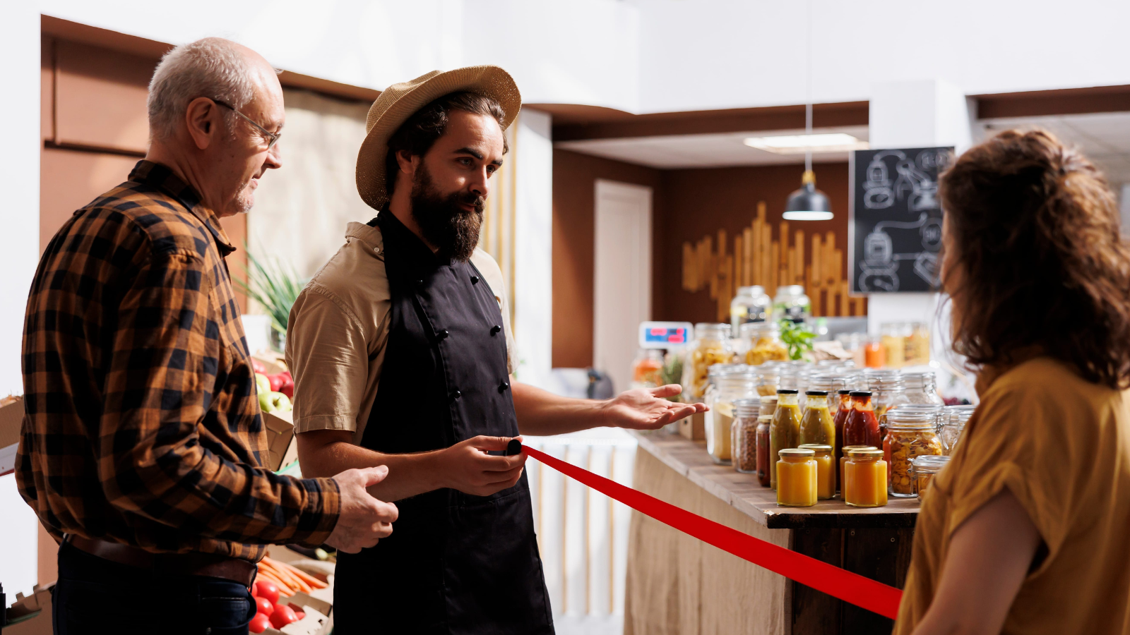 At the local market, a friendly farmer welcomes a visitor to explore his homemade preserves, showcasing a vibrant selection of jars filled with colorful jams and pickles, while discussing the farm-to-table philosophy. Image Credit: dragoscondrea/ 123RF
