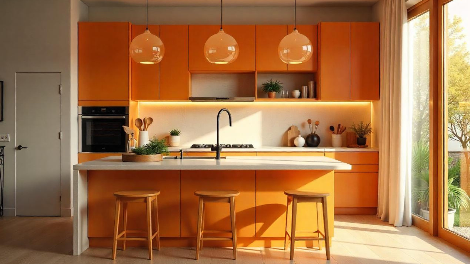 Vibrant orange modern kitchen interior design with breakfast bar. Image Credit: pixora/ 123RF