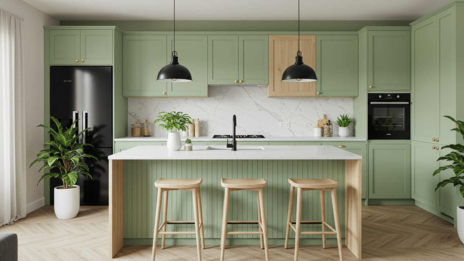 3d render of green modern kitchen in a house with a beautiful design. Image Credit: kaitowai/ 123RF