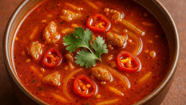 Thai spicy soup with pork and chilli in bowl on brown background. Image Credit: yonandamcp/ 123RF