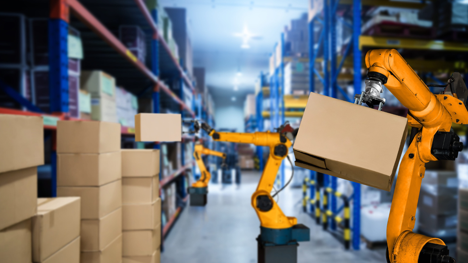 Smart robot arm system for innovative warehouse and factory digital technology . Automation manufacturing robot controlled by industry engineering using IOT software connected to internet network . Image Credit: pitinan/ 123RF