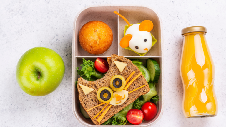 A delightful lunchbox filled with creativity, featuring a playful cat sandwich, cheerful mouse treat, and refreshing orange juice, perfect for a fun-filled day at school. Image Credit: happylark/ 123RF