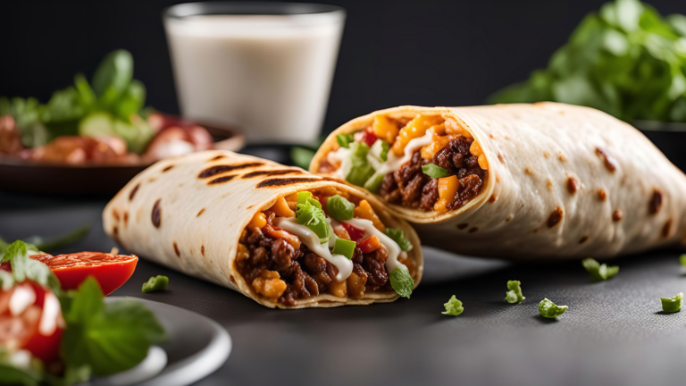 A close up of a delicious burrito with beef, cheese, lettuce, and other ingredients. The burrito is wrapped in a soft tortilla and served with a side of salsa and sour cream. The ingredients are perfectly cooked and the burrito looks absolutely delicious. Image Credit: themess/ 123RF