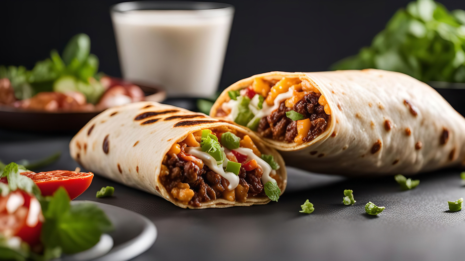 A close up of a delicious burrito with beef, cheese, lettuce, and other ingredients. The burrito is wrapped in a soft tortilla and served with a side of salsa and sour cream. The ingredients are perfectly cooked and the burrito looks absolutely delicious. Image Credit: themess/ 123RF