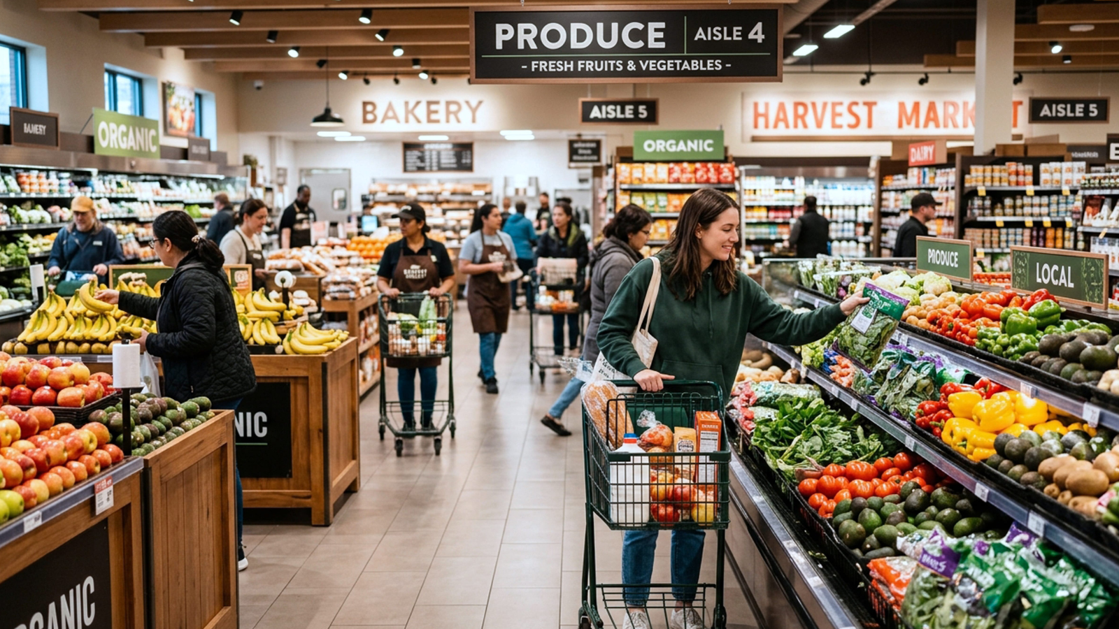 People visit a supermarket. The store has various sections for different types of food, and customers are shopping. Image Credit: ayala127/ 123RF